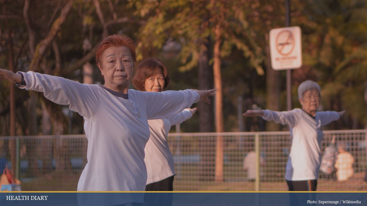Older adults practicing morning tai chi together in an outdoor park at sunrise