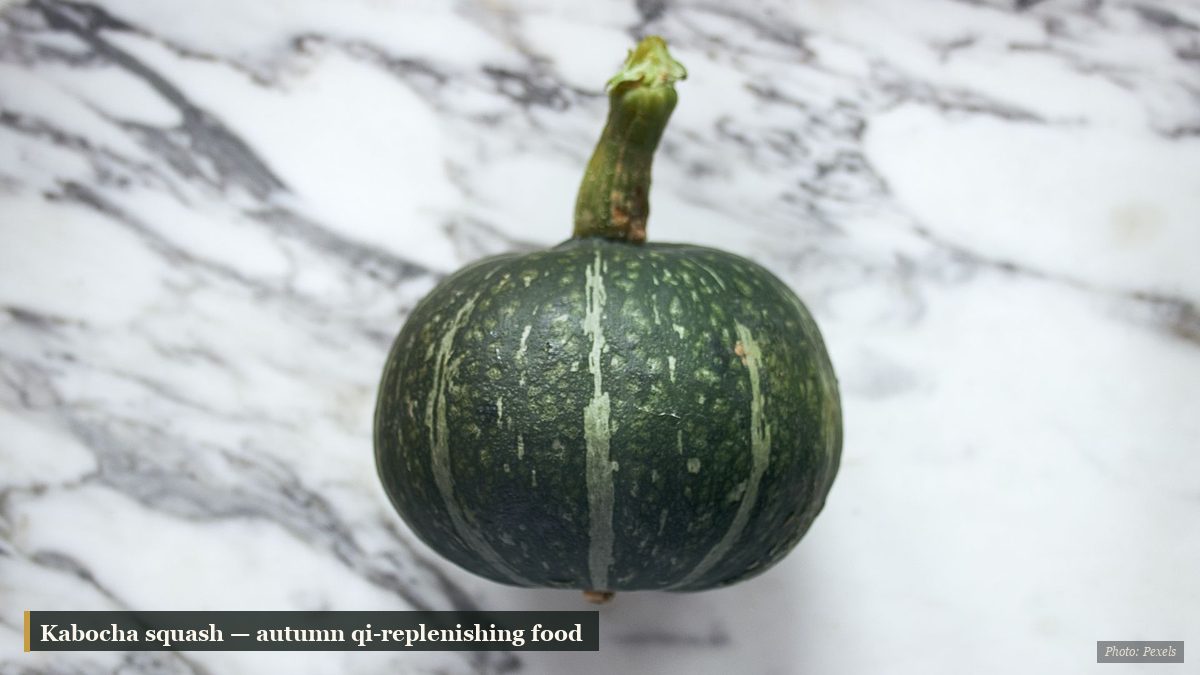 A whole green kabocha squash on a marble surface in autumn