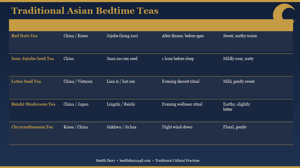 Traditional Asian bedtime tea traditions overview showing five herbal teas and their cultural origins