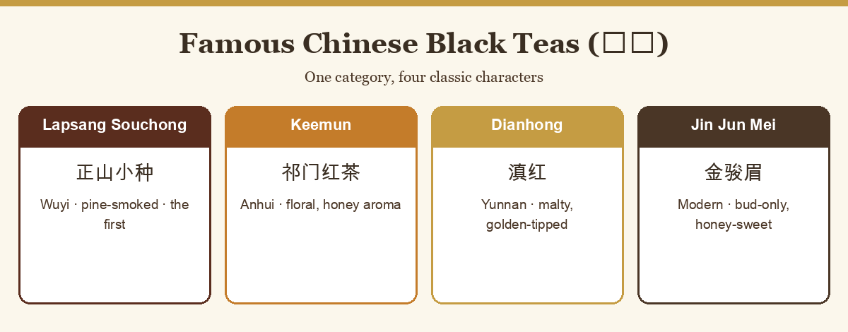Chart of famous Chinese black teas: Lapsang Souchong, Keemun, Dianhong, Jin Jun Mei