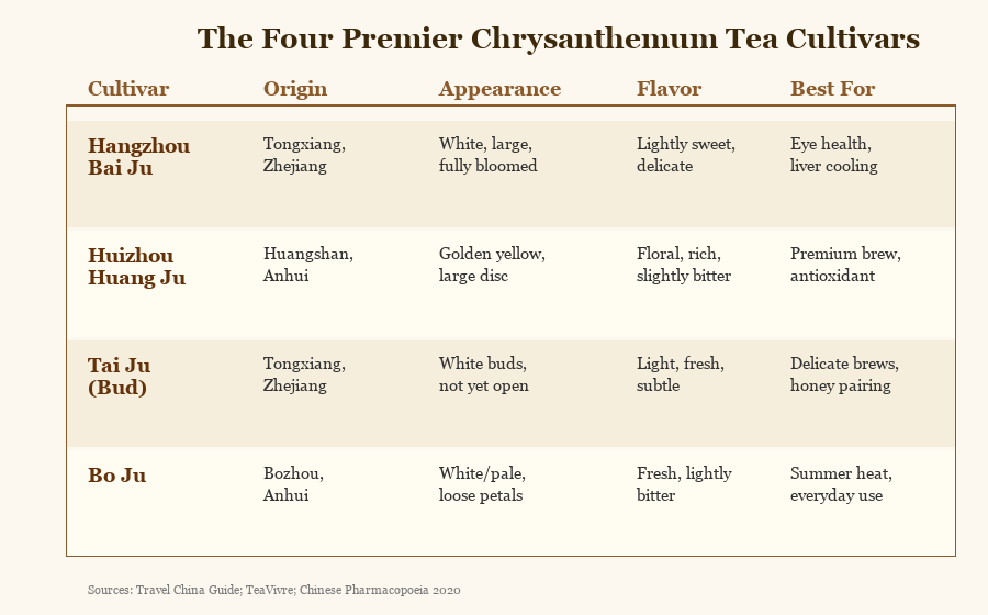 Comparison chart of the four premier Chinese chrysanthemum tea cultivars: Hangzhou Bai Ju, Huizhou Huang Ju, Tai Ju, and Bo Ju