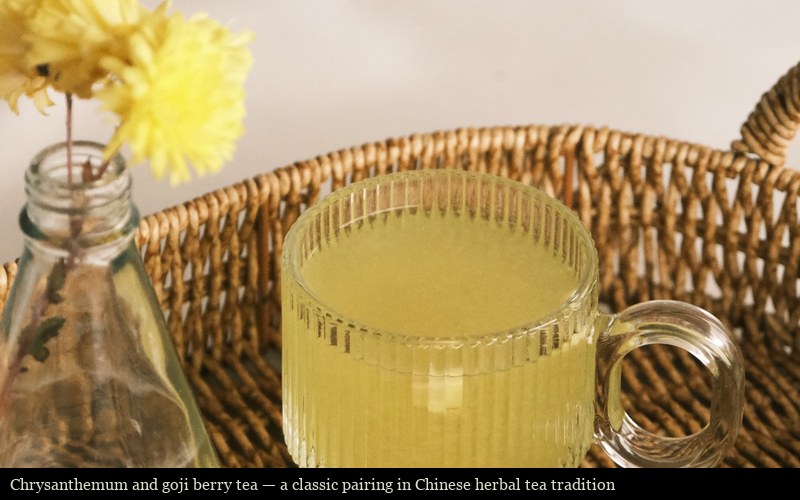 Chrysanthemum and goji berry tea in a glass mug, shown on a wicker tray with yellow blossoms