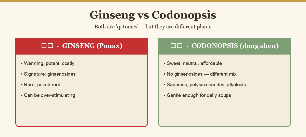Diagram comparing ginseng and codonopsis as qi tonics with different chemistry