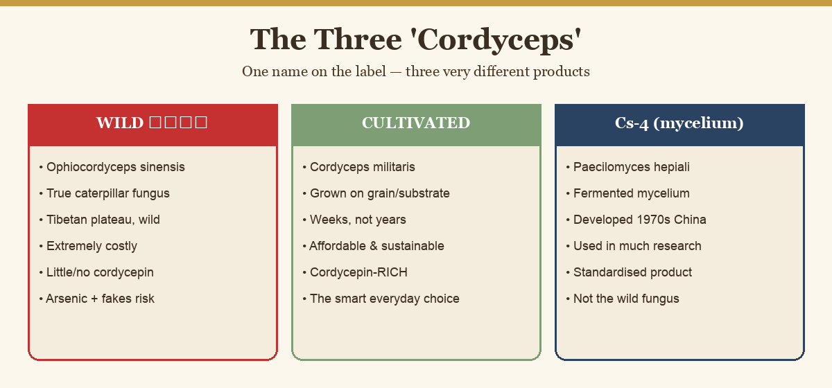 Diagram comparing wild Ophiocordyceps, cultivated Cordyceps militaris and Cs-4