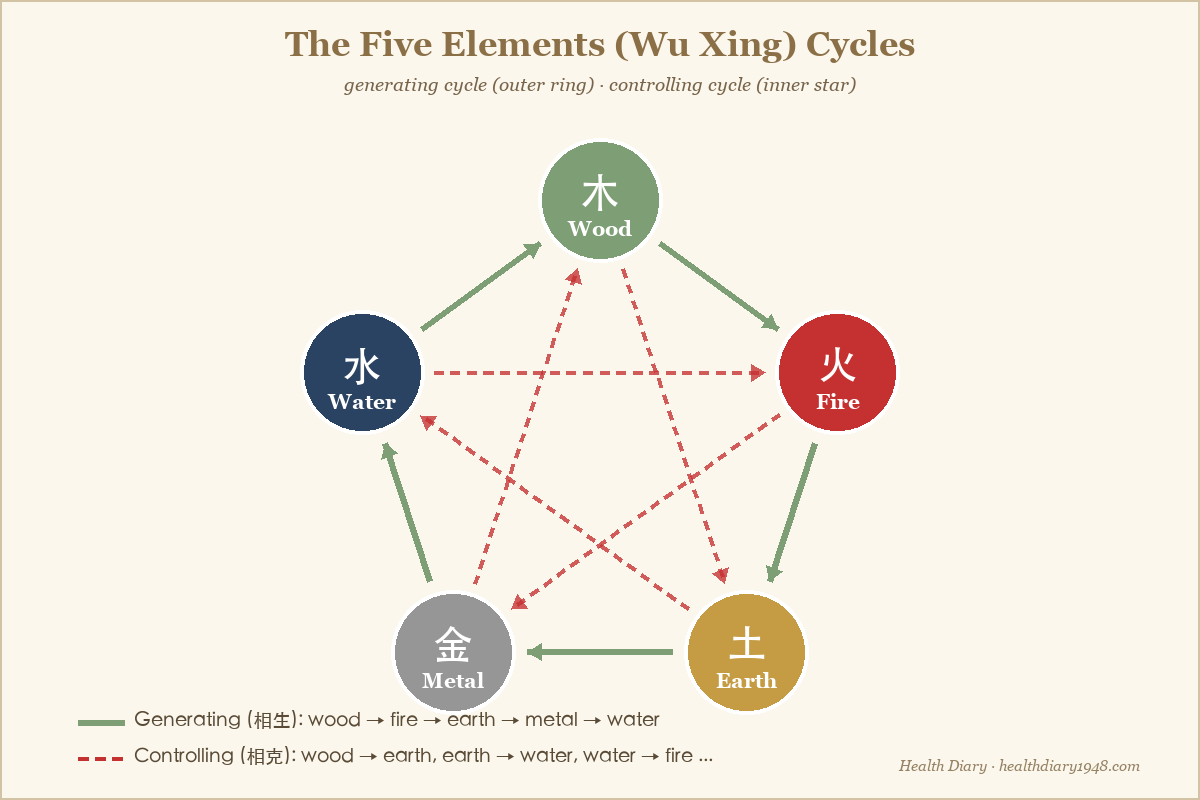 Five elements wheel diagram showing the generating and controlling cycles of wu xing