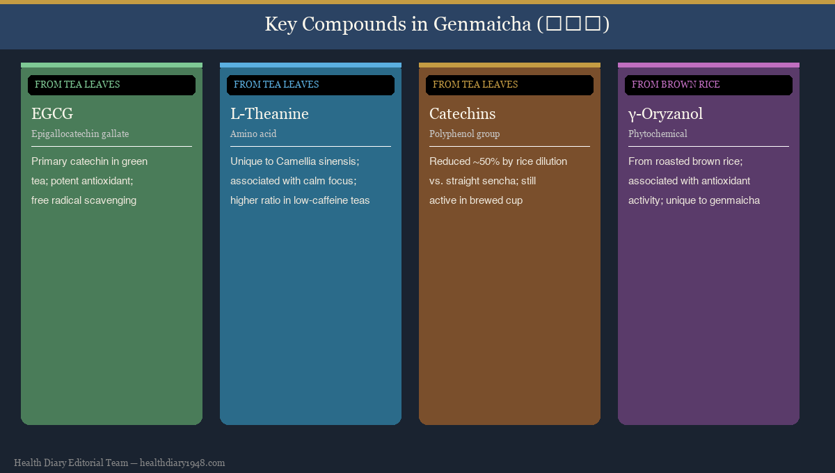 Diagram showing four key compounds in genmaicha: EGCG, L-Theanine, catechins, and gamma-oryzanol from brown rice