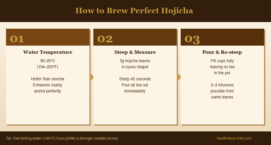 Step-by-step hojicha brewing guide showing water temperature, steeping time, and pouring method for kyusu teapot