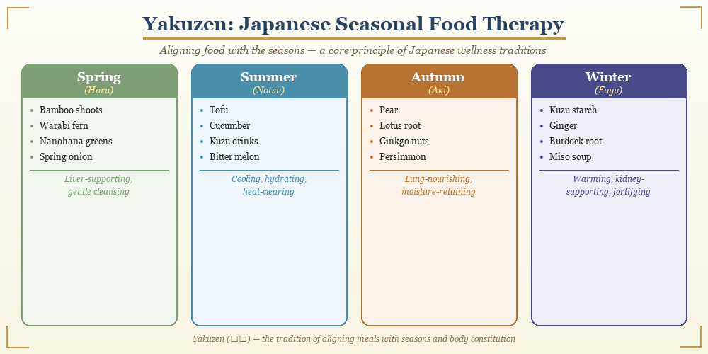 Yakuzen seasonal Japanese food therapy guide showing spring summer autumn and winter wellness ingredients