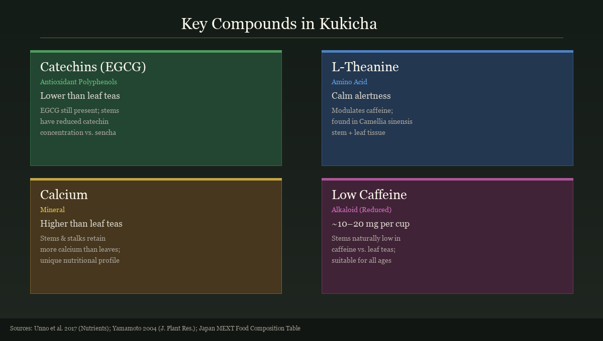 Diagram showing four key compounds in kukicha: Catechins (EGCG), L-Theanine, Calcium, and Low Caffeine, each in a separate colour-coded panel
