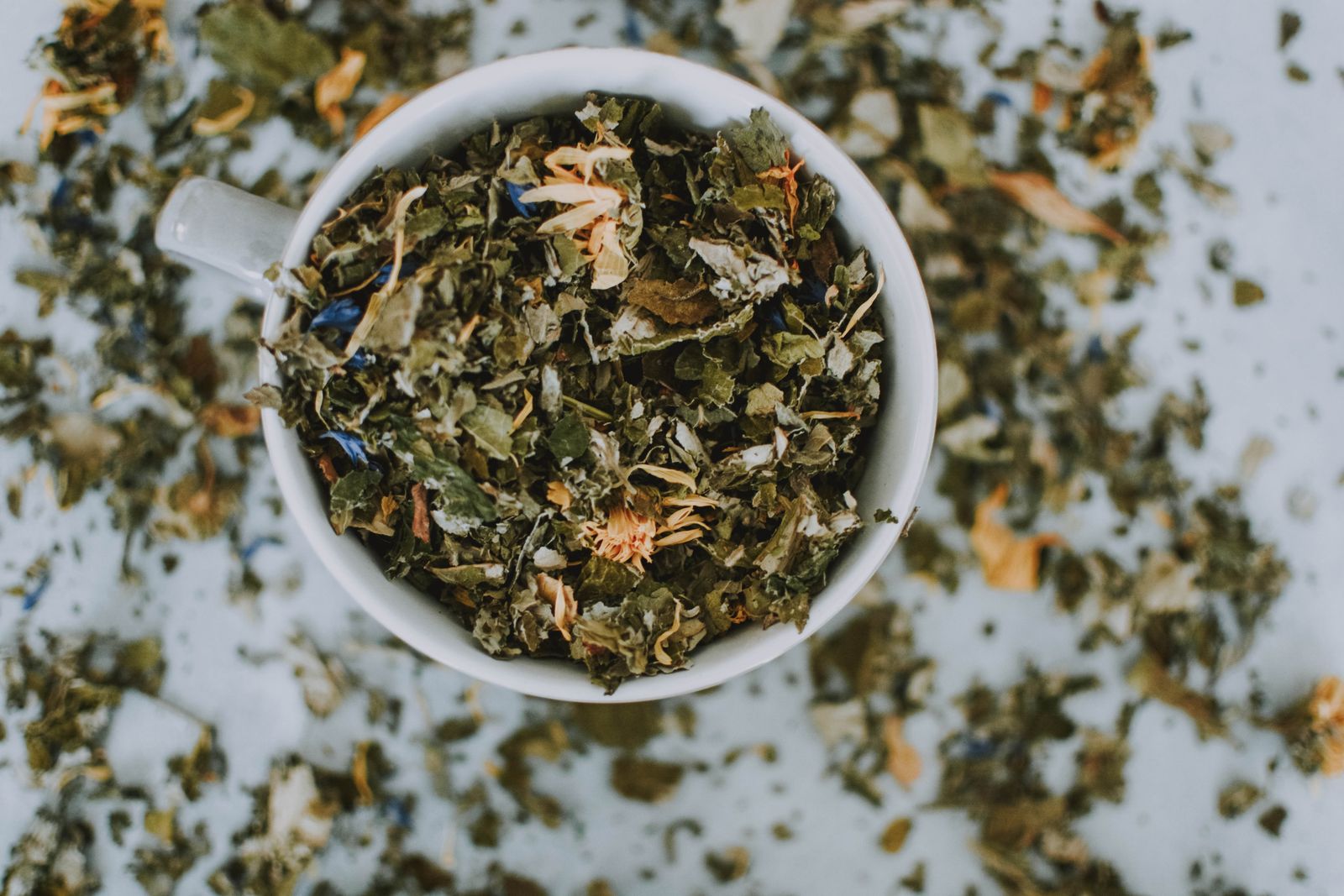 Loose Longjing green tea leaves steeping in a cup
