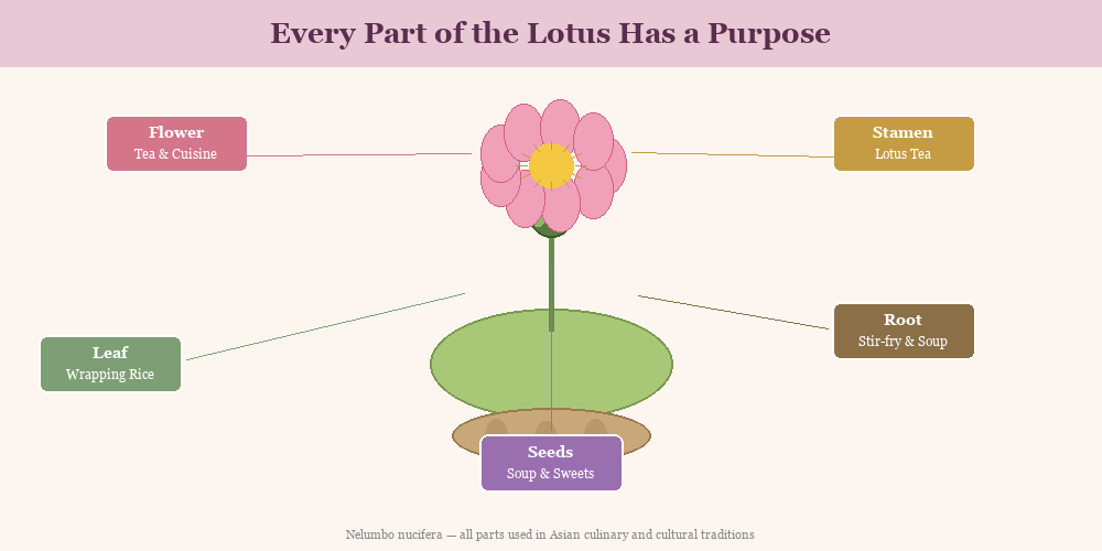 Lotus flower parts diagram showing flower, stamen, leaf, seeds, and root with traditional uses