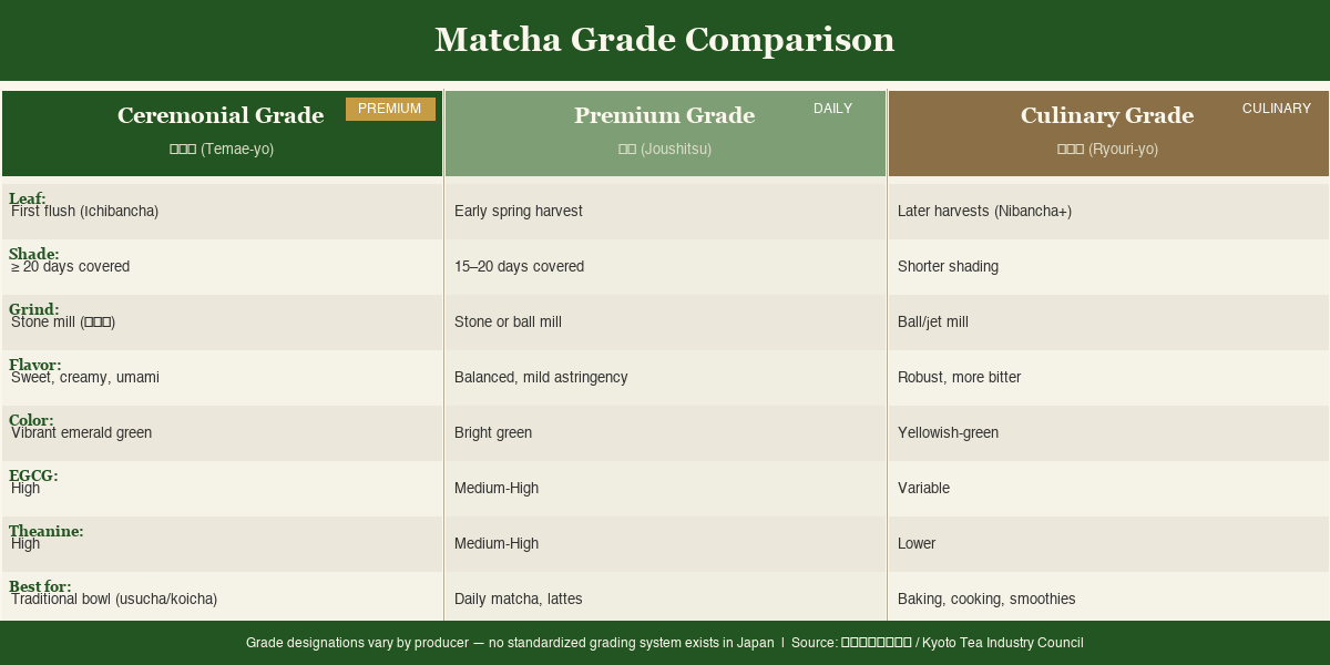 Matcha grade comparison grid showing Ceremonial, Premium, and Culinary grades with flavor, color, and compound differences