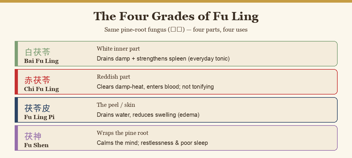 Diagram of the four grades of fu ling: white, red, peel and fu shen