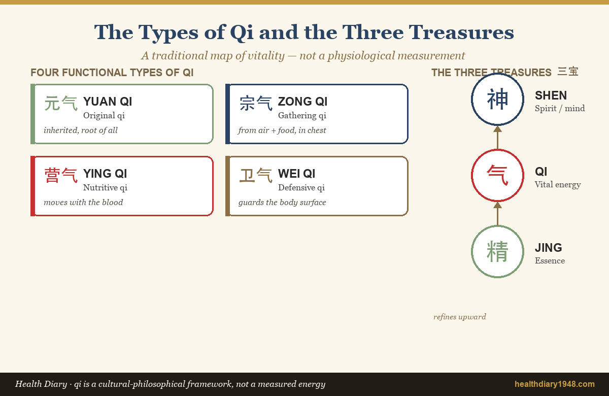 Diagram of the four types of qi and the jing-qi-shen three treasures in traditional Chinese medicine