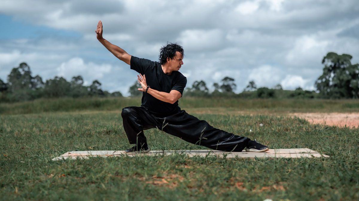 Man holding a low tai chi stance in an open grassy field under cloudy sky