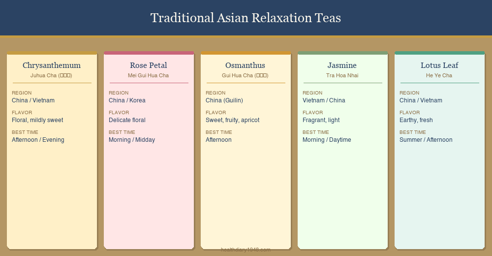 Five traditional Asian relaxation teas comparison chart showing chrysanthemum, rose petal, osmanthus, jasmine, and lotus leaf