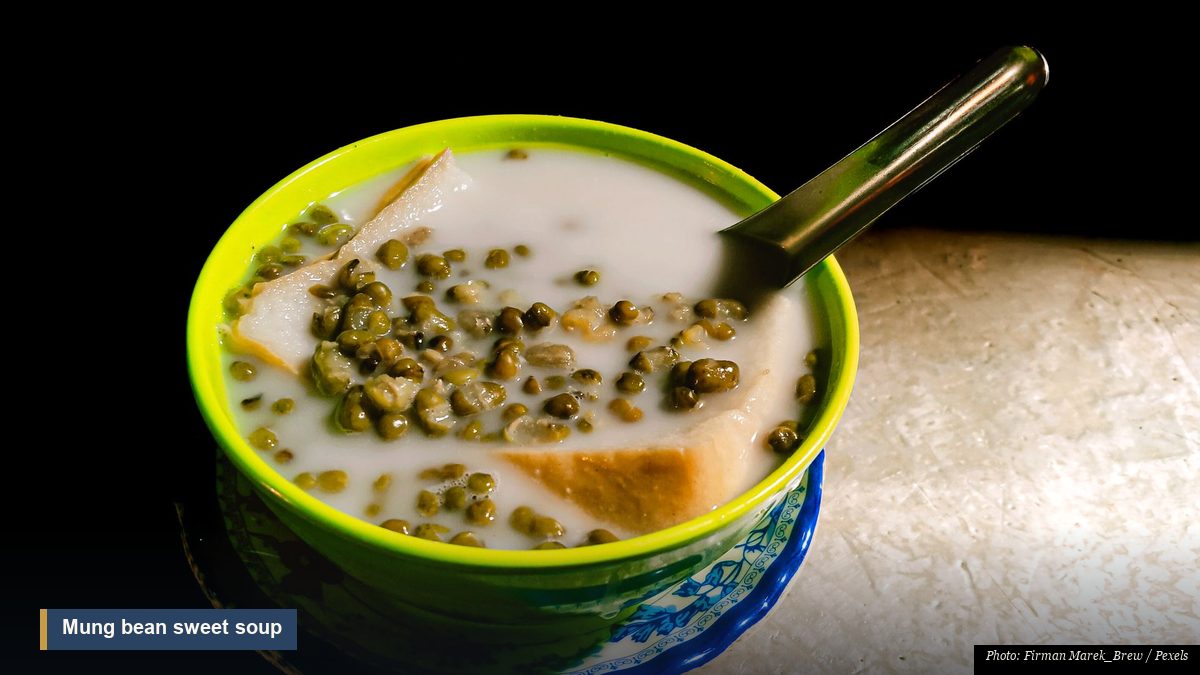 Cooling summer foods and iced herbal drink with melon and mung beans