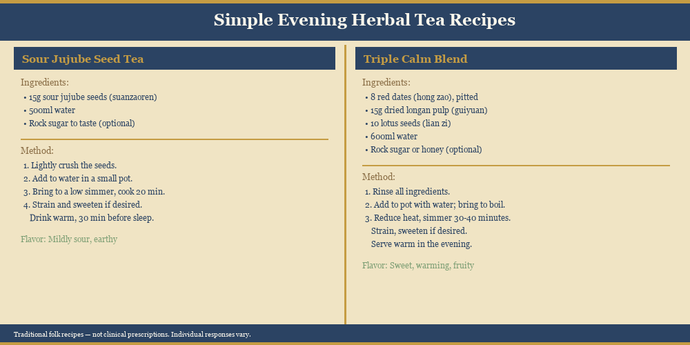 Two simple evening herbal tea recipes from Chinese wellness tradition including sour jujube seed and triple calm blend
