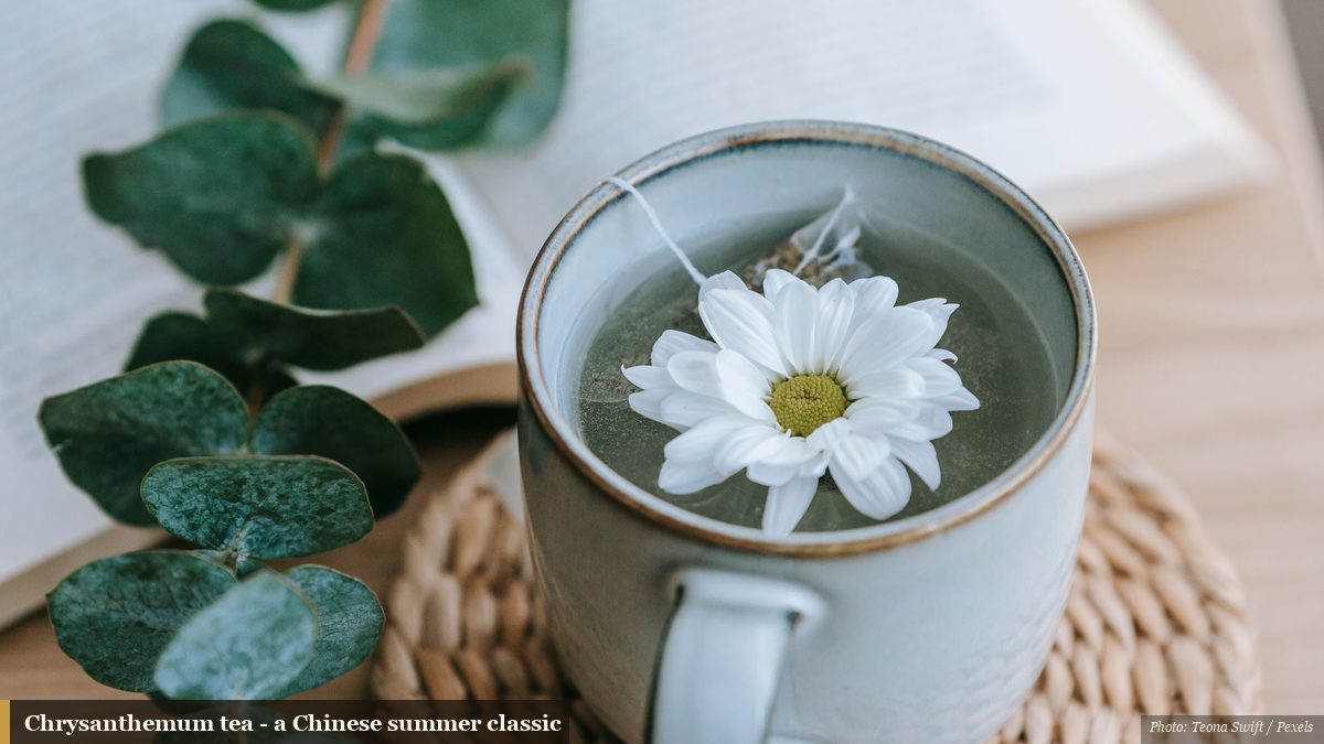 Cup of chrysanthemum tea with a white blossom floating on the surface