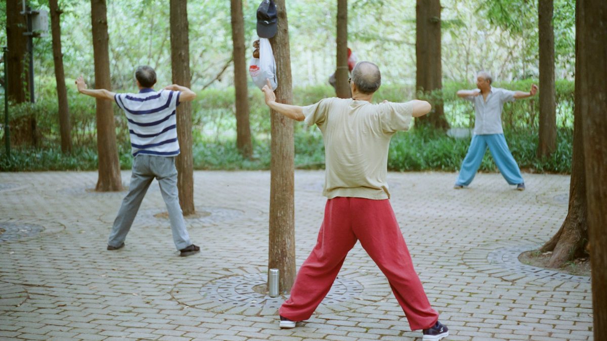 Older adults practicing tai chi among the trees of a city park