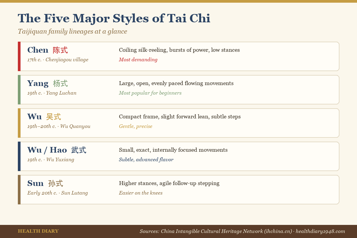 Comparison chart of the five major tai chi family styles and their characteristics