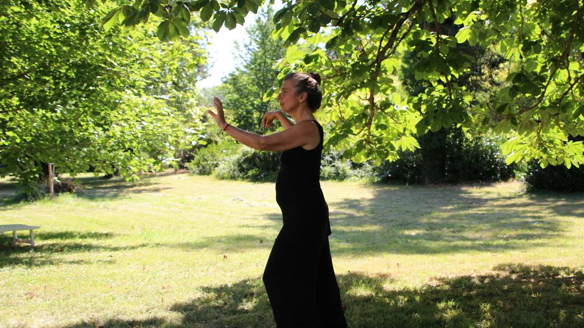 Woman practicing a slow flowing tai chi movement on a lawn beneath trees