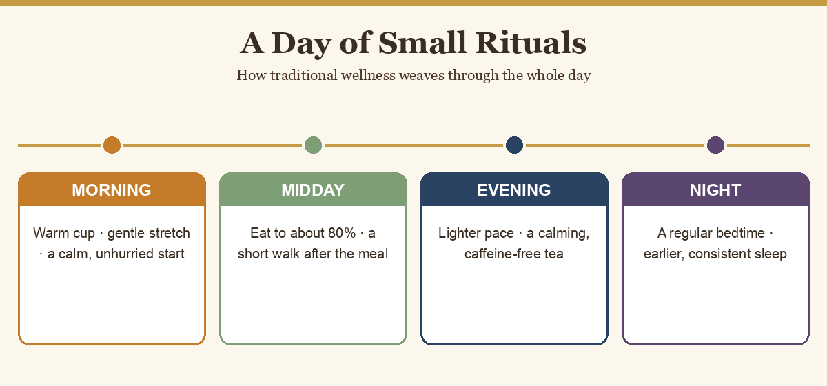 A day of small wellness rituals from morning to night across Asian traditions