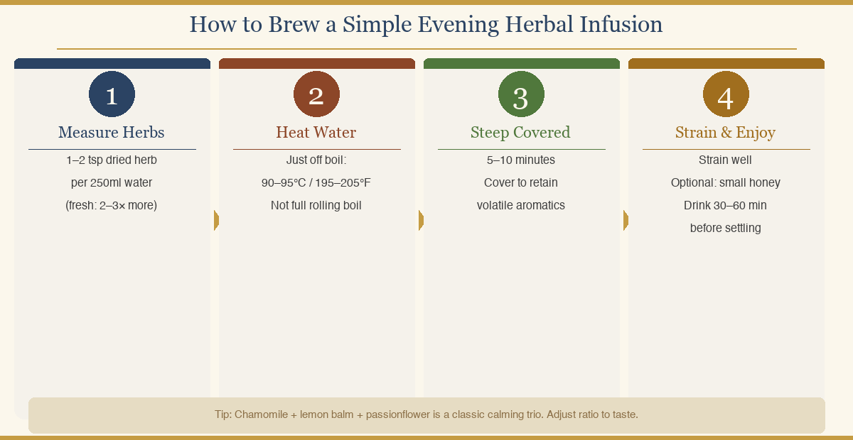 Step-by-step guide to brewing a simple evening herbal infusion showing measuring dried herbs, steeping covered, and straining