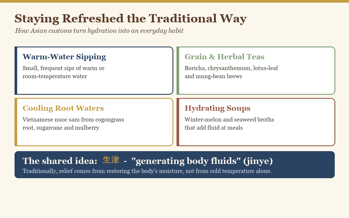 Illustration comparing traditional Asian hydrating drinks and the idea of generating body fluids