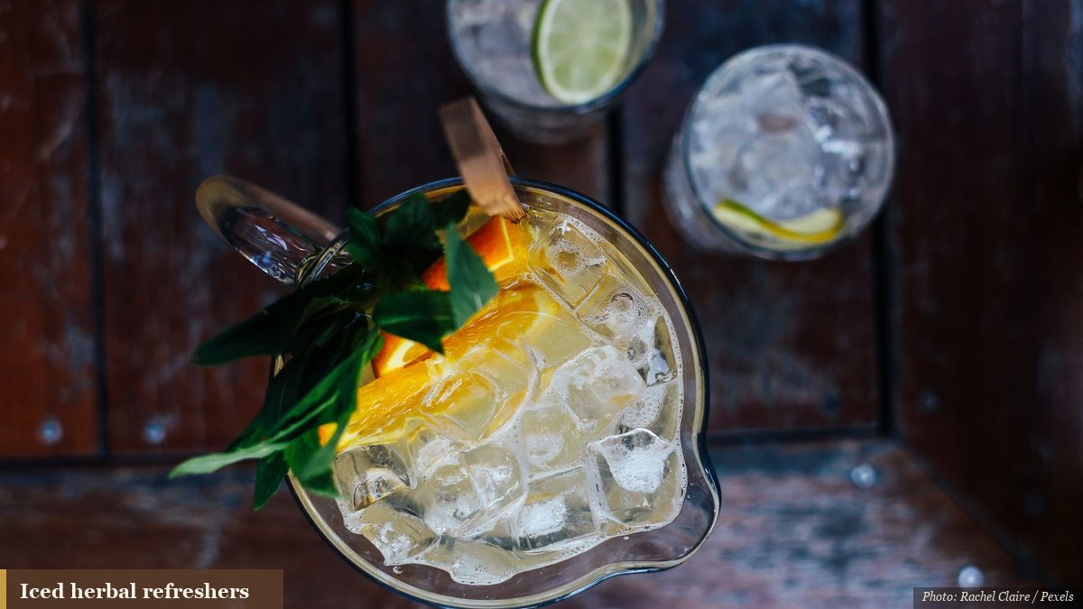 Overhead view of iced summer herbal drinks garnished with mint and citrus