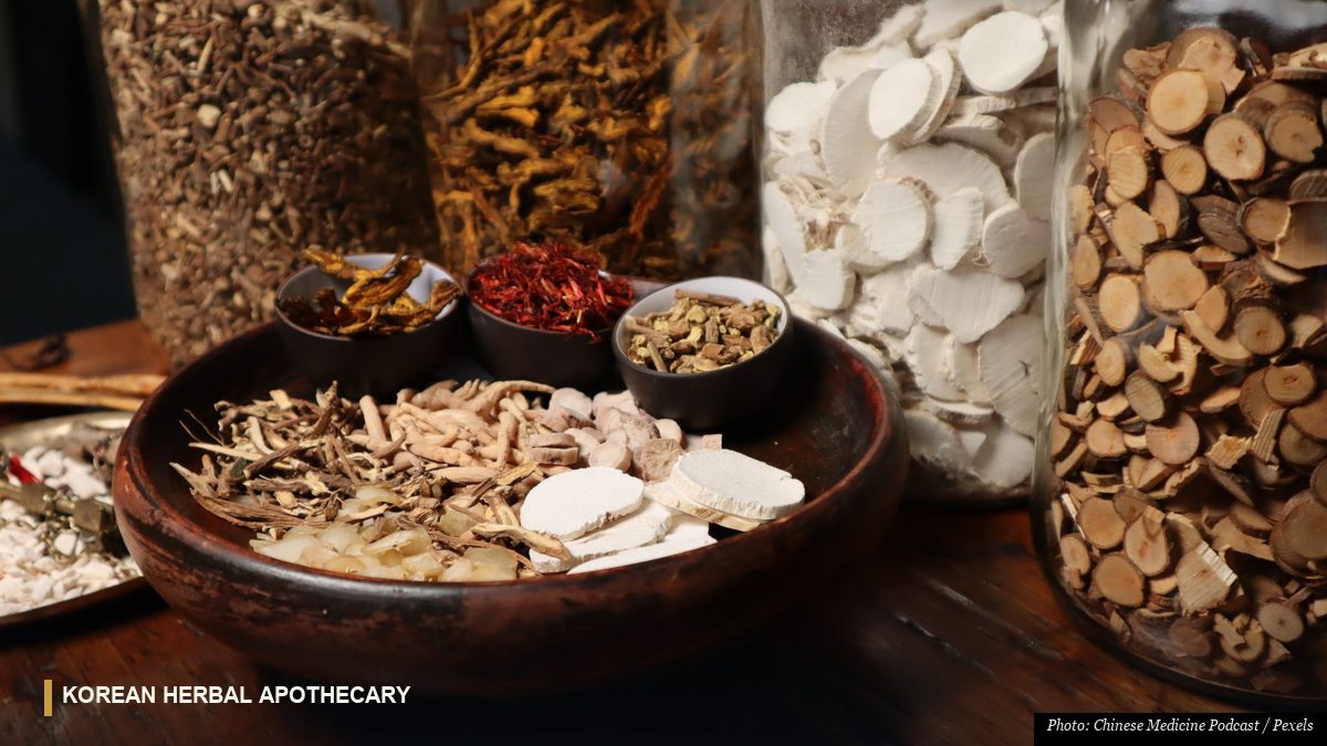 Traditional Korean herbal apothecary with dried roots and glass jars of botanicals