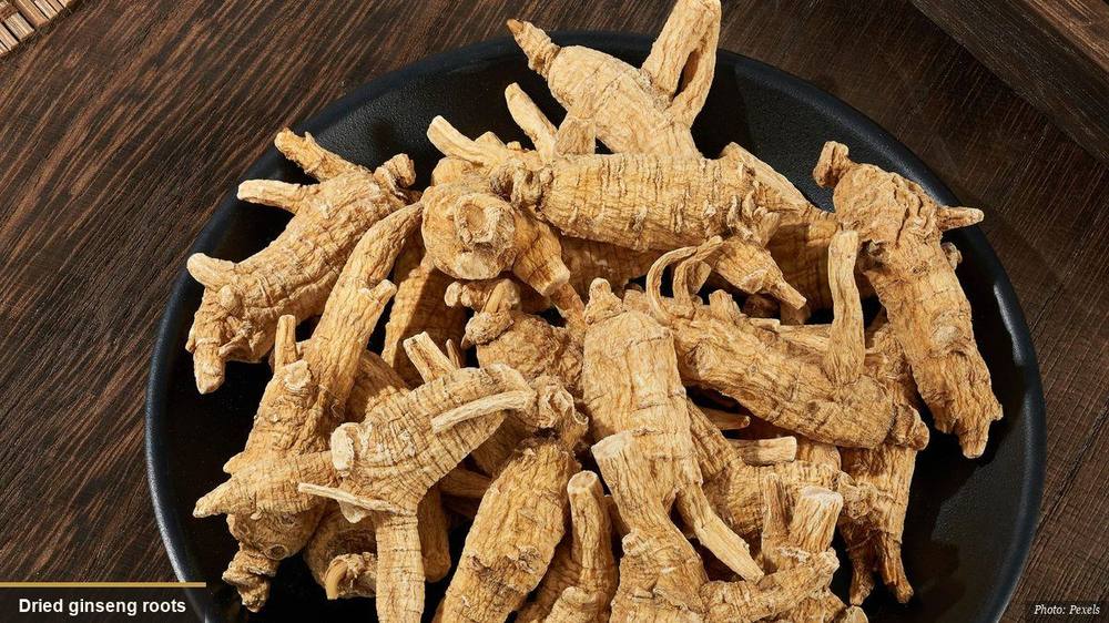Dried ginseng roots on a plate, a signature herb of traditional Korean medicine