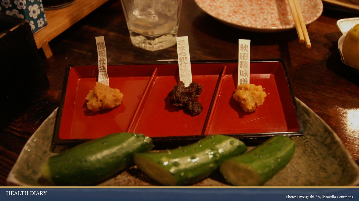 Three kinds of traditional Japanese miso paste with cucumber at an Akita izakaya