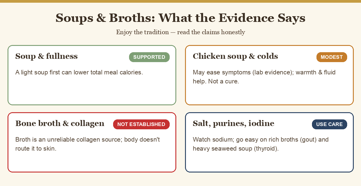 Diagram summarising what evidence does and does not support about soups and broths