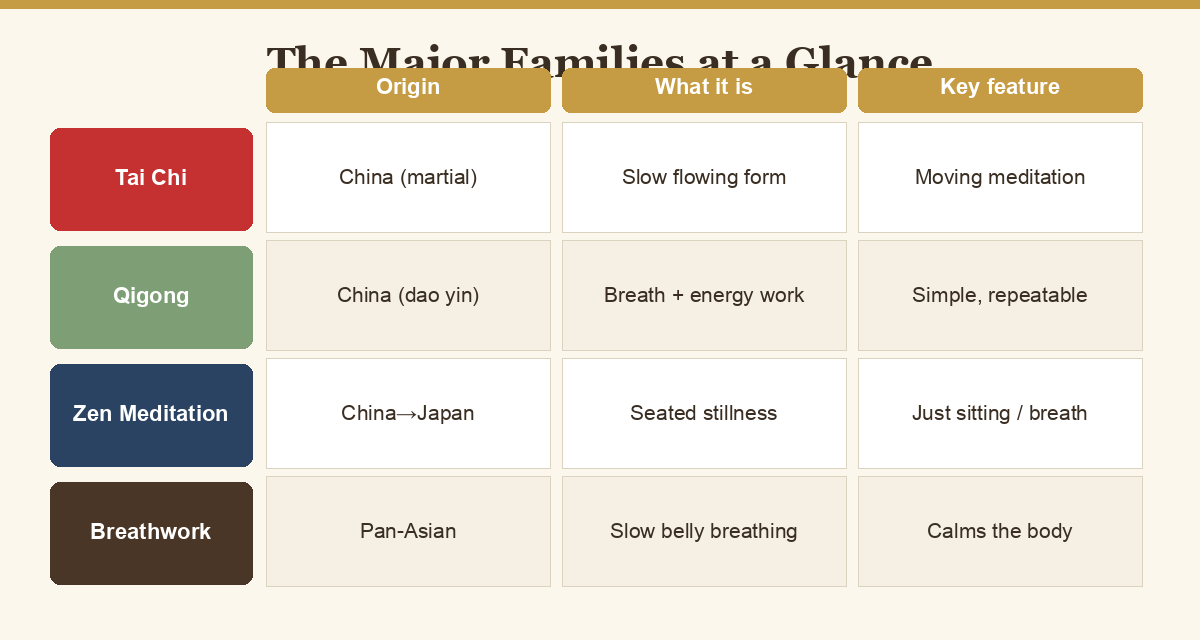 Comparison chart of tai chi, qigong, seated meditation, and breathwork by origin, form, and focus