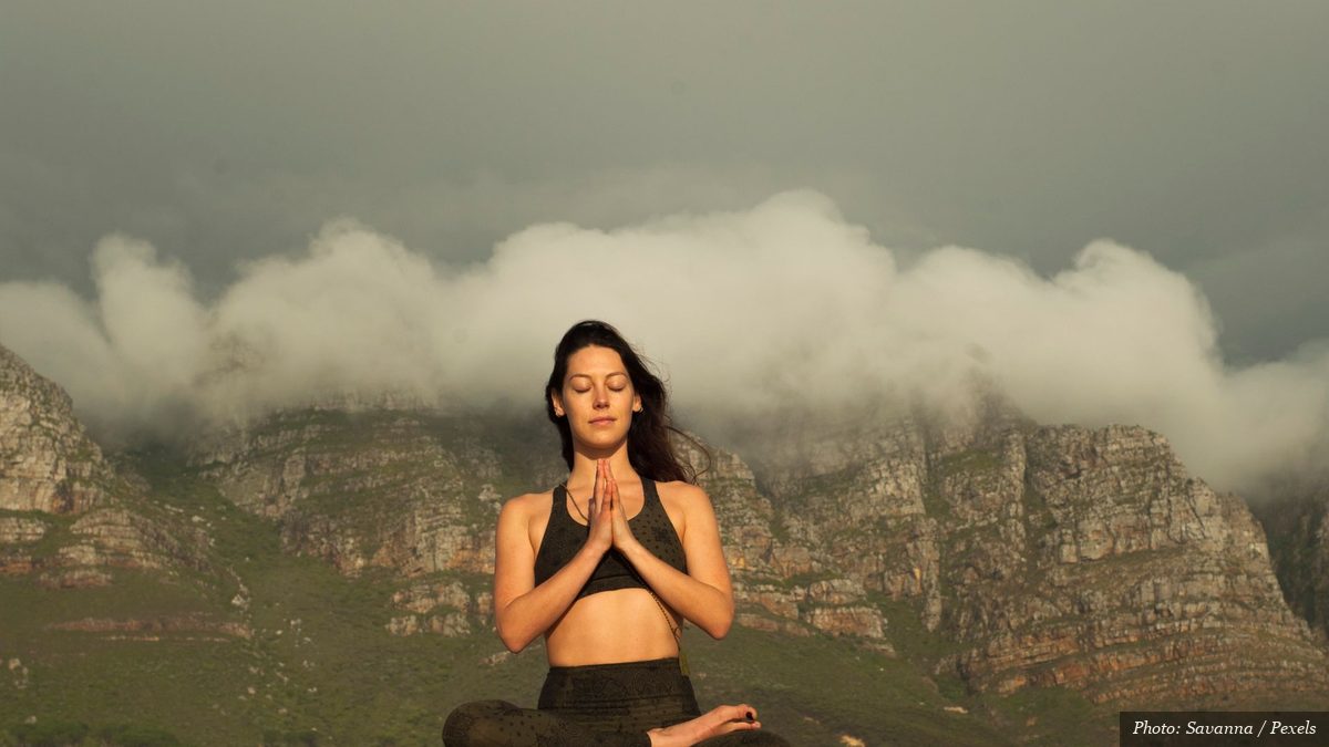 Close-up of a person breathing slowly and calmly with a relaxed posture