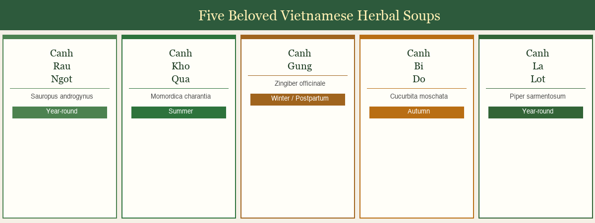 Five beloved Vietnamese herbal soups overview — Canh Rau Ngot, Canh Kho Qua, Canh Gung, Canh Bi Do, Canh La Lot with seasonal context