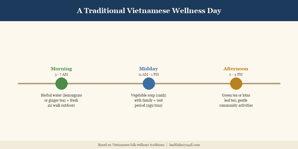 Traditional Vietnamese wellness day timeline showing morning herbal water, midday soup rest, afternoon tea and evening family dinner
