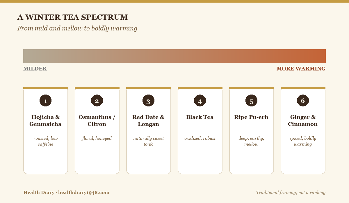 Chart placing winter teas from mild to warming along a horizontal spectrum